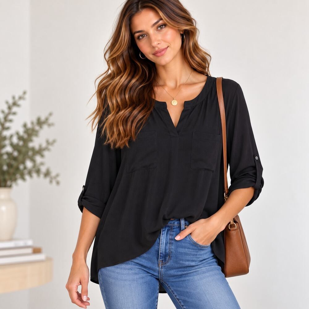 Susan Graver Lightweight Blouse Women's Size 3X NWOT Black Casual Minimalist